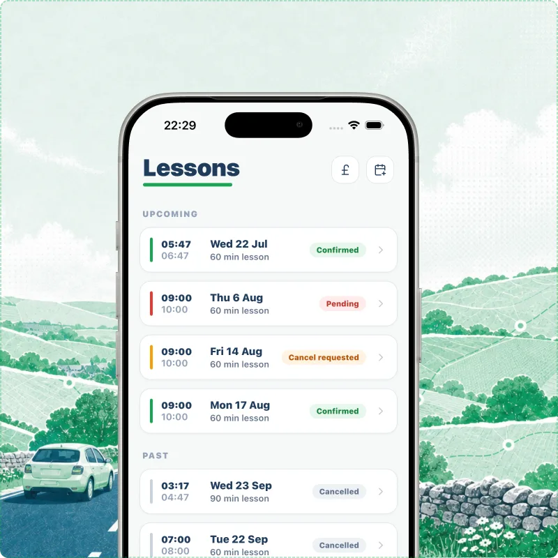 Passly learner Lessons screen listing upcoming and past bookings